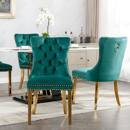 Luxury Upholstered Dining Chairs Set of 6, Green Kitchen Chair with Golden Metal Legs, Velvet Tufted Back Dining Chair, Sillas de Comedor, Modern Kitchen & Dining Room Chairs (Green, 6 Pcs)