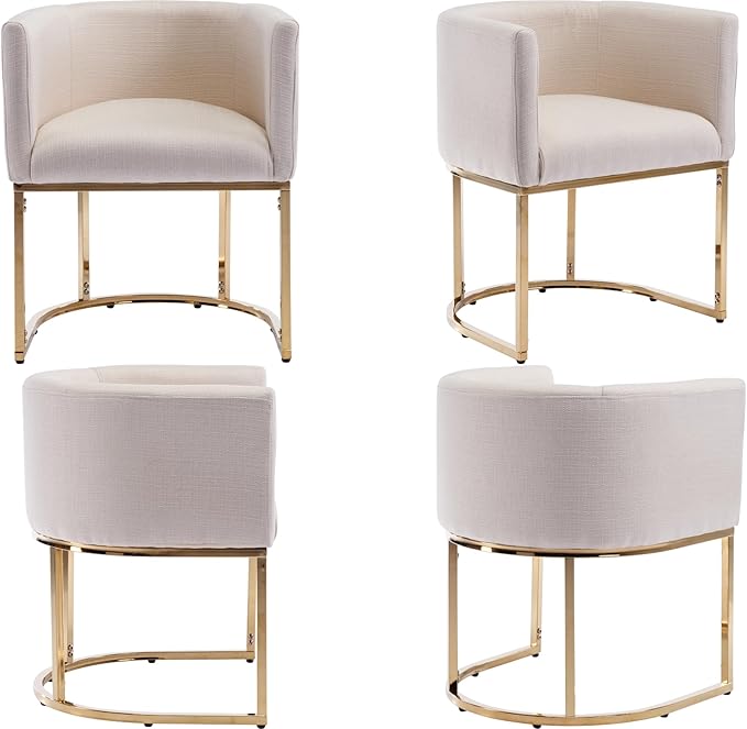 Linen Fabric Dining Chairs Set of 8 Modern Barrel Arm Chairs with Golden Frame, Upholstered Kitchen Chairs 18.5" Wide Accent Chairs for Living Room Dining Room Restaurant, Cream