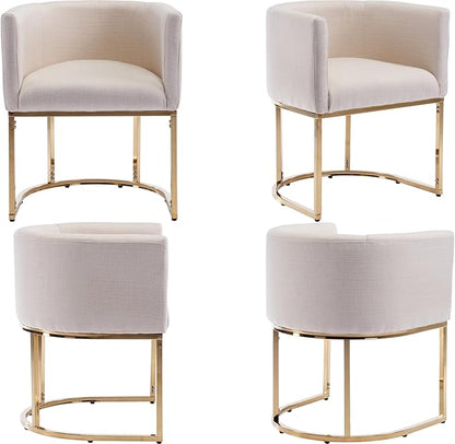 Linen Fabric Dining Chairs Set of 3 Modern Barrel Arm Chairs with Golden Frame, Upholstered Kitchen Chairs 18.5" Wide Accent Chairs for Living Room Dining Room Restaurant, Cream