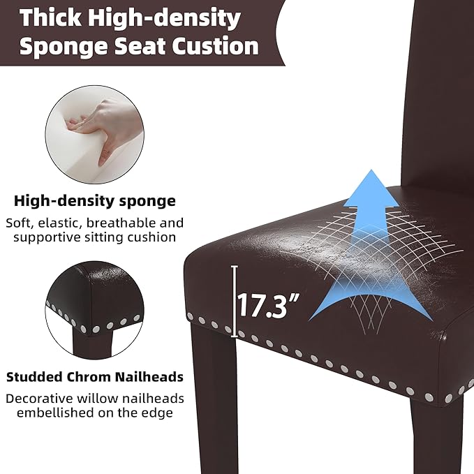 Westice Dining Room Chairs Set of 6 Upholstered PU Leather Kitchen Chairs Dining Room Side Chair with Nailhead Trim and Rubber Wood Legs for Small Space Apartment, Brown