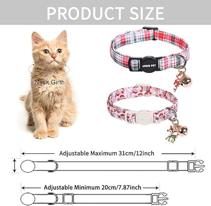 ARING PET 2 Pack Cat Collar, Christmas Breakaway Kitten Small Collars with Bells for Girl Boy Cats-Red Green Pink Plaid & Santa Claus