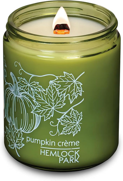 Hemlock Park Green Glass Wood Wick Candle Handcrafted with Natural Coconut Wax (Standard 8 oz, Pumpkin Crème)