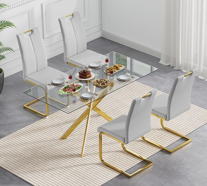 Goujxcy Gold Dining Table Set for 4, Glass Kitchen Table with Chair Set, Modern 51" Rectangle Glass Dining Table and 4 Grey PU Leather Chairs with Metal Frame for Kitchen Dining Room