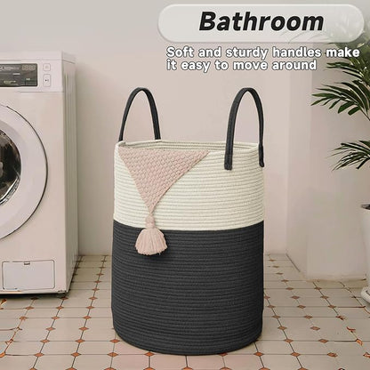 Large Woven Laundry Basket Hamper,80L Cotton Rope Storage Bin for Blankets,Toys and Clothes,Decorative Tall Nursery Hamper for Living Room,Baby Nursery,Bathroom and Bedroom,White and Black