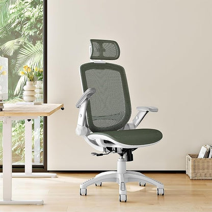 GABRYLLY Ergonomic Office Chair, High Back Home Desk Chair with Headrest, Flip-Up Arms, 90-120° Tilt Lock and Wide Cushion, 400LBS Mesh Chairs for Man Woman, White Task Chair(Olive Green,GY01WOG)