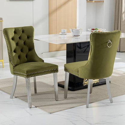 Goujxcy 7 Piece Glass Dining Table Set Modern Glass Dining Table Set for 6, 61" Rectangular Silver Kitchen Table and 6 Velvet Upholstered Chairs, Silver Table & Olive Green Chair
