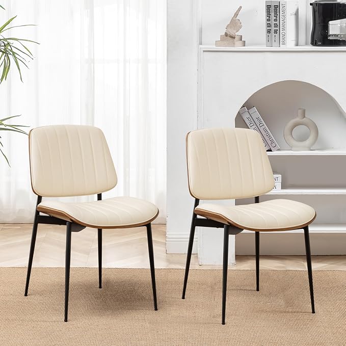 LUNLING Dining Room Chairs Set of 2 Mid Century Modern Retro Beige Faux Leather Chair with Walnut Bentwood Upholstered Seat Metal Legs Kitchen Chairs Adjustable Foot for Kitchen Dining Room