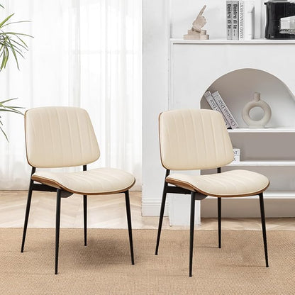 LUNLING Dining Chairs Set of 4 Mid Century Modern Retro Faux Leather Chairs with Walnut Bentwood Upholstered Seat Metal Legs Chair,Adjustable Foot for Kitchen Dining Room Chairs(Beige)