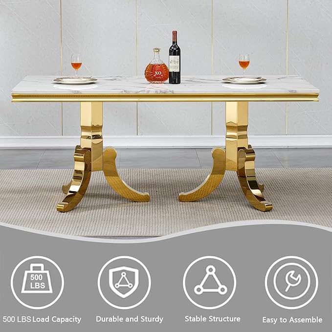 70" Faux Marble Dining Table Set for 6, 7-Piece Dining Set with White Gold Kitchen Table and 6 Velvet Tufted Chairs, Modern Rectangular Dining Room Table with American-Shape Stainless Steel Base