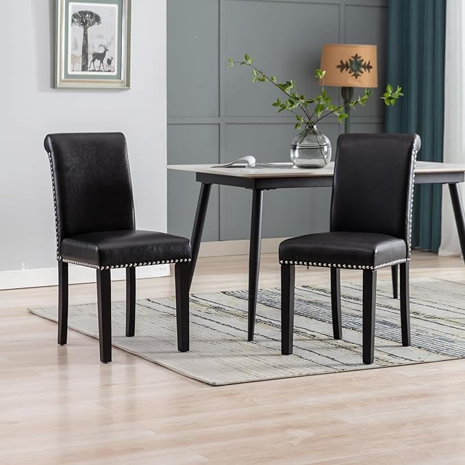 Westice Dining Room Chairs Set of 8 Upholstered PU Leather Kitchen Chairs Dining Room Side Chair with Nailhead Trim and Rubber Wood Legs for Small Space Apartment, Black