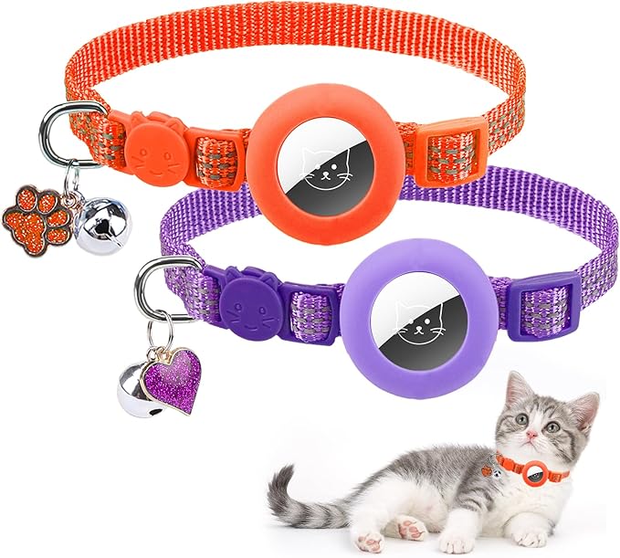PUPTECK Airtag Cat Collar Breakaway 2 Pack with Bells, Reflective Kitten Collar with Air Tag Holder for Boy Girl Kitty and Puppies, Soft, Orange & Purple