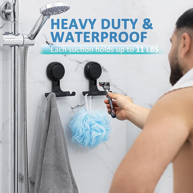 TAILI Suction Cup Razor Holder for Shower 2 Pack, Towel, Loofah, Shaver Holder for Shower Wall, Powerful Suction Cup Hooks for Inside Bathroom, Easy to Install and Reuse, Black