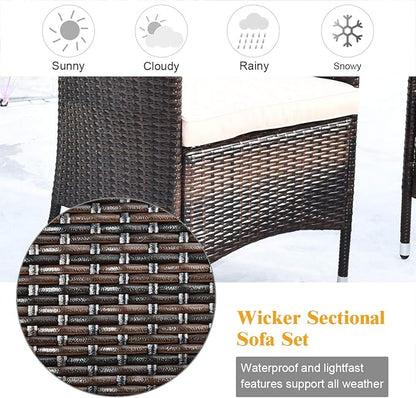 Tangkula 8 PCS Patio Rattan Conversation Set, Outdoor Wicker Furniture Set with Tempered Glass Coffee Table &Thick Cushion, Rattan Chair Wicker Set for Garden, Lawn, Poolside and Backyard (2, Brown)