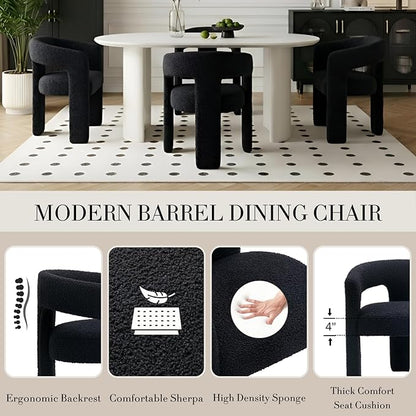 Black Dining Chairs Set of 2, Upholstered Sherpa Barrel Chairs with Arms Comfy Accent Side Chairs for Living Room/Dining Room/Reception