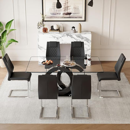 63'' Glass Dining Table Set for 6, Kitchen Table Chairs Set of 6, Clear Glass Dining Table with Black unique design Leg and Silver Metal Base, 6 PU Dining Chairs with Metal Legs, Living Room, Kitchen.