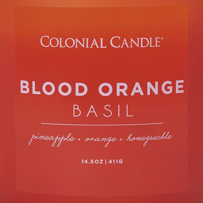 Colonial Candle Blood Orange Basil Scented Jar Candle, Pop of Color Collection, 3 Wick, Orange, 14.5 oz - Up to 60 Hours Burn