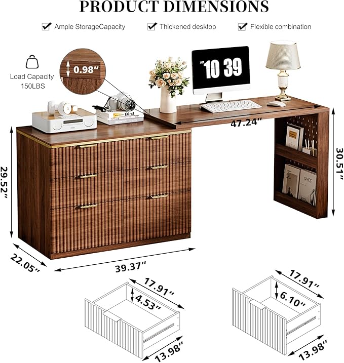 L Shaped Standing Desk,47" Home Office Desks, Executive, Farmhouse Computer Desk with 6 Drawers File Drawer, Rustic Computer Writing, Walnut