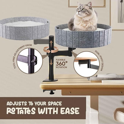 Cat Desk Bed with 360° Rotation & Height Adjustment, 60LB Capacity – Ultra-Plush Desk Mounted Perch Attachment, Table Cat Bed for Computer Desk, Washable Fluffy Hammock