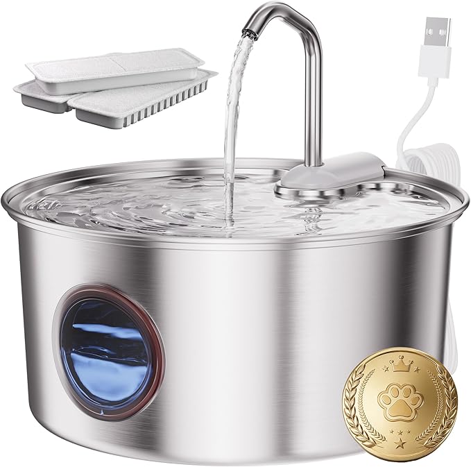 Cat Water Fountain Stainless Steel - 108oz/3.2L Automatic Cat Water Fountain for Drinking with 3 Pcs Filters, Metal Pet Water Fountain Water Dispenser for Cats, Puppy Dogs, Multiple Pets