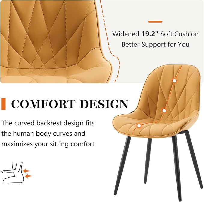 Rowill Modern Dining Chairs Set of 2 - Upholstered Faux Leather Kitchen Chairs with Soft Cushion Backrest, Sturdy Metal Legs & Non-Slip Pads, Perfect for Home Dining Room, Kitchen, Brown Yellow