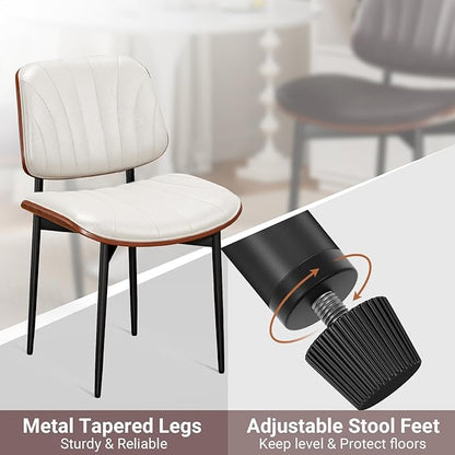 Dining Chairs Set of 4, Mid-Century Modern Upholstered PU Leather Chairs with Walnut Bentwood Back and Metal Legs Adjustable Feet for Kitchen Dining Room, Off-White Shell Strips