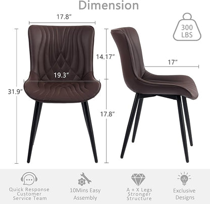 Kidol&Shellder Brown Dining Chairs Set of 2,Faux Leather Upholstered Mid Century Modern Kitchen&Dining Room Chair with Back,Ergonomic Armless Vanity&Living Room Chair with Metal Legs