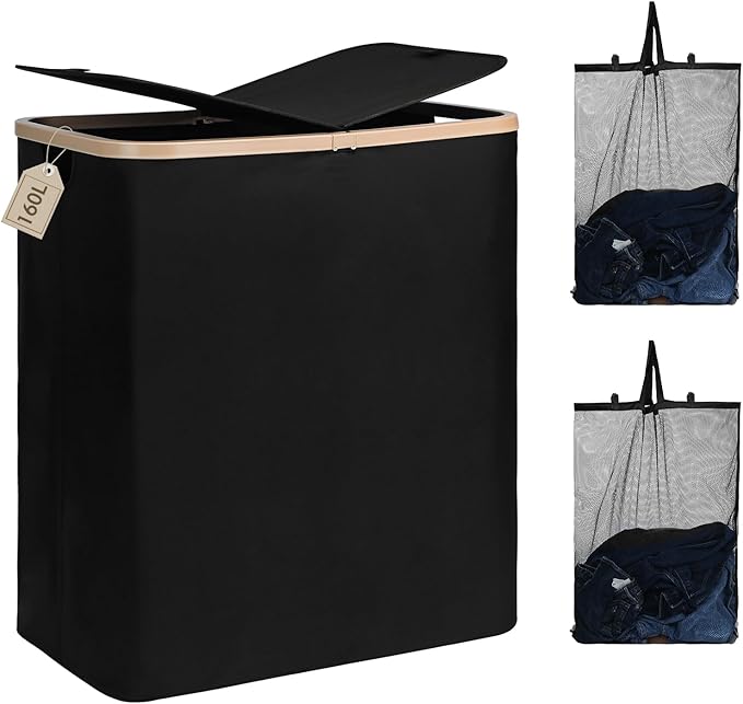 DOKEHOM 160L Double Laundry Basket with Removable Lid and Laundry Bags, Large Collapsible Laundry Hamper with 2 Sections (Black)