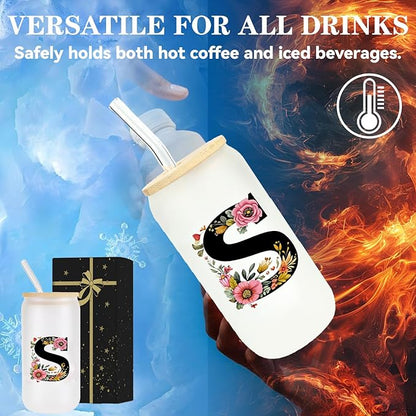Monogrammed Glass Drinking Cup With Lid Straw Personalized Customized Post Cards Women Wife Gifts Anniversary Her 9 11 12 13 15 16 17 18 19 22 39 44 Christmas Xmas Valentines Birthday Groom Gifts,O