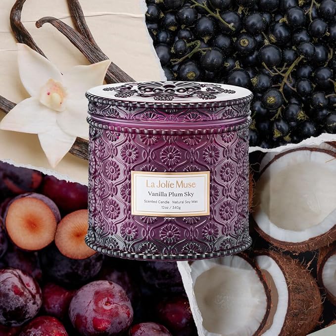 LA JOLIE MUSE Vanilla Plum Sky Candle - Coconut, Vanilla, Plum | 12 oz Large 2-Wick Soy Wax Candle | 60 Hours Clean Burn | Gift-Ready for Hosts & Gatherings | Elegant Home Decor