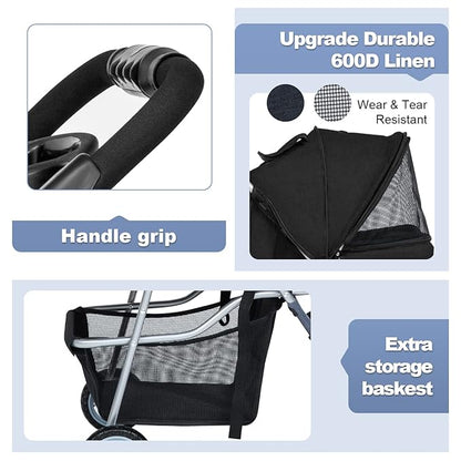BestPet Pet Stroller Dog Cat Jogger Stroller for Medium Small Dogs Cats Folding Lightweight Travel Stroller with Cup Holder (Black, 3 Wheels)