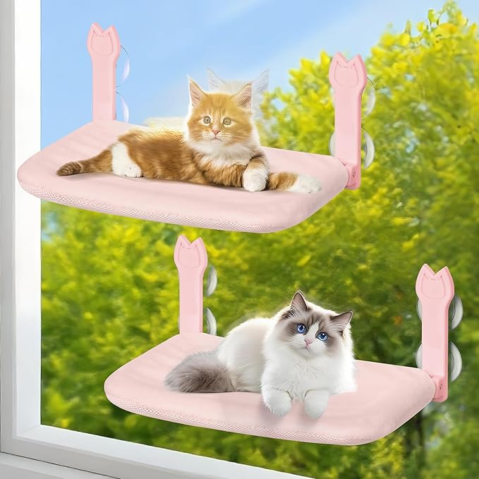 Cat Window Hammock 2-Pack,Foldable Cat Perch with Suction Cups & Metal Frame,Holds up to 40 lbs - Durable & Secure for Cats,Features 2-Sided Cushion & Easy Storage for Sunny Lounging(Pink)