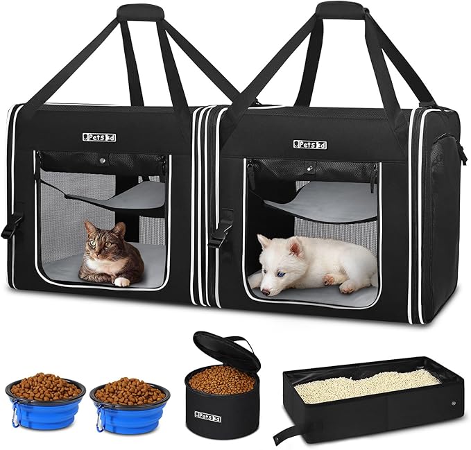 Petskd Portable Double Cat Carrier with Litter Box for Multiple Cats 2in1 Car Travel Carriers 36x17x17in Dual Large Cat Carrier with Safety Locking Zippers for Long Distance Travel
