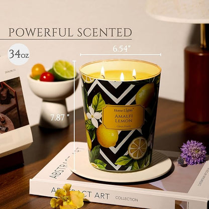 HomeLights Large jar Candle | 3-Wick Long-Lasting Scented Candles, 34oz Natural Soy Wax Candle for Home Scented, Eclectic Mixed Styles Gifts for Women & Men, Amalfi Lemon