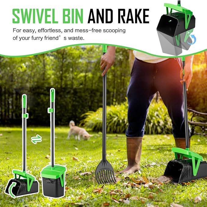 Pooper Scooper Swivel Bin & Rake with 100 Waste Bags, Dog Pooper Scooper with Bag Attachment for Large Medium Small Dogs, Poop Scooper with Lid for Lawn Yard Dog Kennel