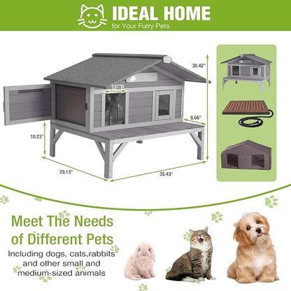 GUTINNEEN Heated Cat House for Outside Large Outdoor Insulated Cat House Weatherproof Feral Cat Shelter with Heated Pad, Insulated All-Round Thermal Liner, Chewproof Cable for 1-4 Cats (Winter-Ready)