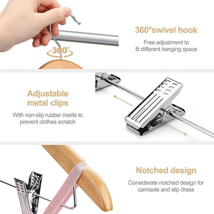 HOUSE DAY Wooden Hangers with Clips 48 Pack,Wooden Suit Hangers Skirt Hangers Solid Wood Pants Hangers Natural Smooth Finish Wood Hangers with Durable Metal Clips for Blouse, Dress, Coat, Jacket