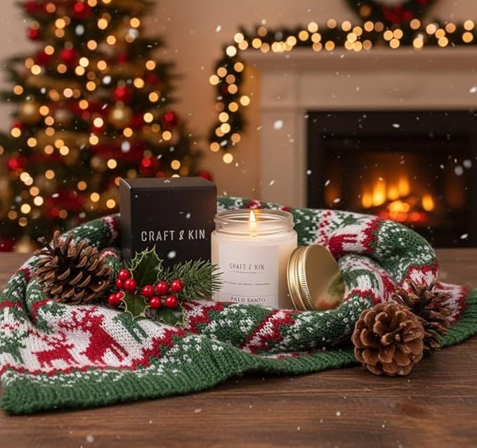Craft & Kin Palo Santo Christmas Scented Candle | 8 Oz 45 Hour Long Lasting | Classic Soy WoodWick Winter Candles | Made with Natural Soy | Holiday Candles Gifts for Men and Women