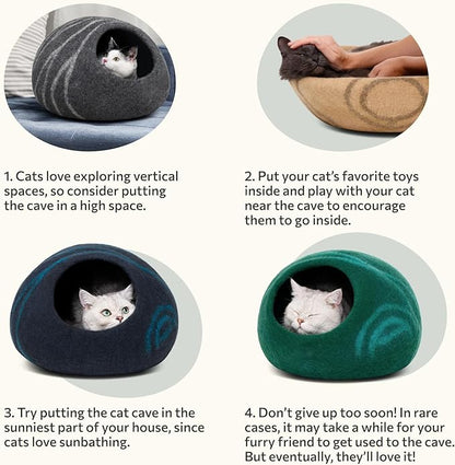 MEOWFIA Cat Cave – Premium Felt Cat Bed for Indoor Cats, Handmade 100% Merino Wool (Light Grey, Large)
