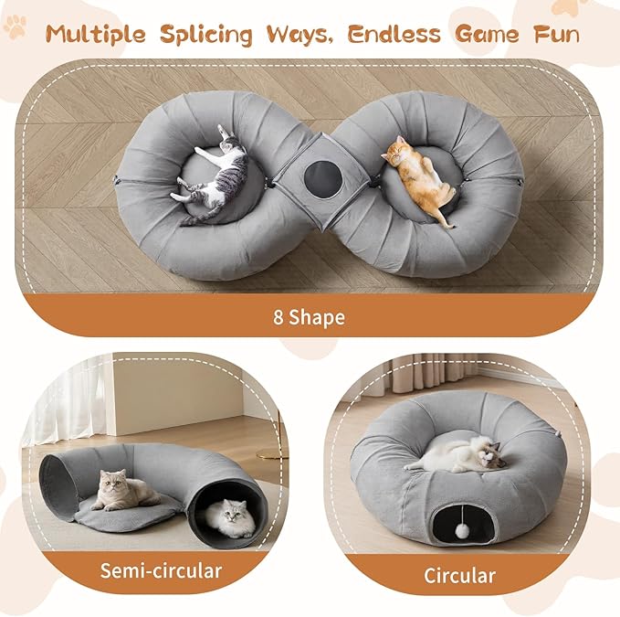 Pawaboo 2-in-1 Cat Tunnel Bed for Indoor Cats, 8-Shaped Large Cat Tunnels with Plush Cushions, Foldable Cats Cave Hideout Kitty Toys with Fluffy Balls, Donut Tunnel for Kitten Rabbit Ferret, Grey