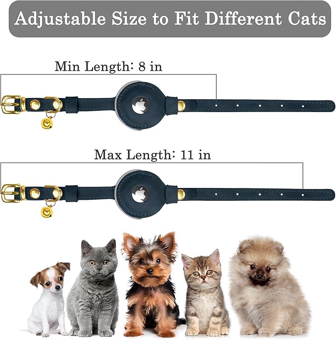 OOPSDOGGY Reflective Leather AirTag Cat Collar with Bell - Non Breakaway Adjustable Pet Collar with Apple Air Tag Holder - Lightweight GPS Kitten Collars for Small Dogs Puppy (Blue)