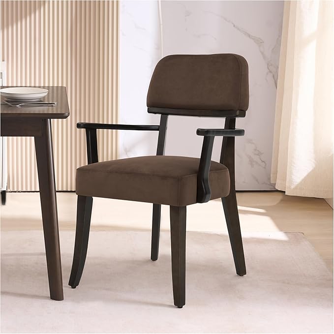 Modern Wood Dining Chairs with Arms, Velvet Upholstered Kitchen Chairs with Open Curved Backrest & Black Hardwood Legs, Accent Chairs 350 LBS Capacity, Brown