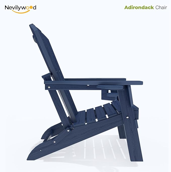 nevilywood Folding Adirondack Chair - Extended Ergonomic Backrest, Cup Holder - Easy Assembly - Durable HDPE Plastic, Weather Resistant & Maintenance-Free - Lawn, Patio, Deck Supports 380lbs NavyBlue