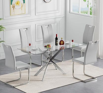 Modern Glass Dining Table Set for 4, Silver Glass Kitchen Table and Chairs Set of 4, 5 Piece Dining Room Table Set with 61" Rectangular Metal Glass Dinner Table and 4 Grey Leather Dining Chairs