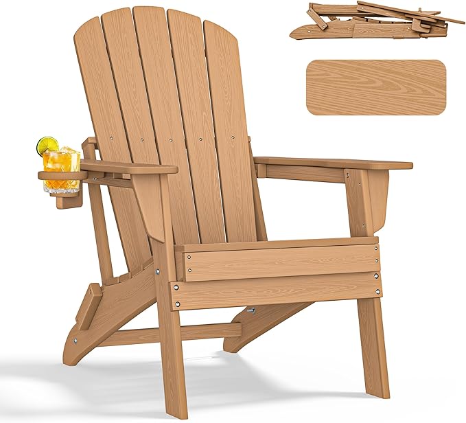nevilywood Folding Adirondack Chair - Extended Ergonomic Backrest, Cup Holder - Easy Assembly - Durable HDPE Plastic, Weather Resistant & Maintenance-Free - Lawn, Patio, Deck Supports 380lbs,Teak