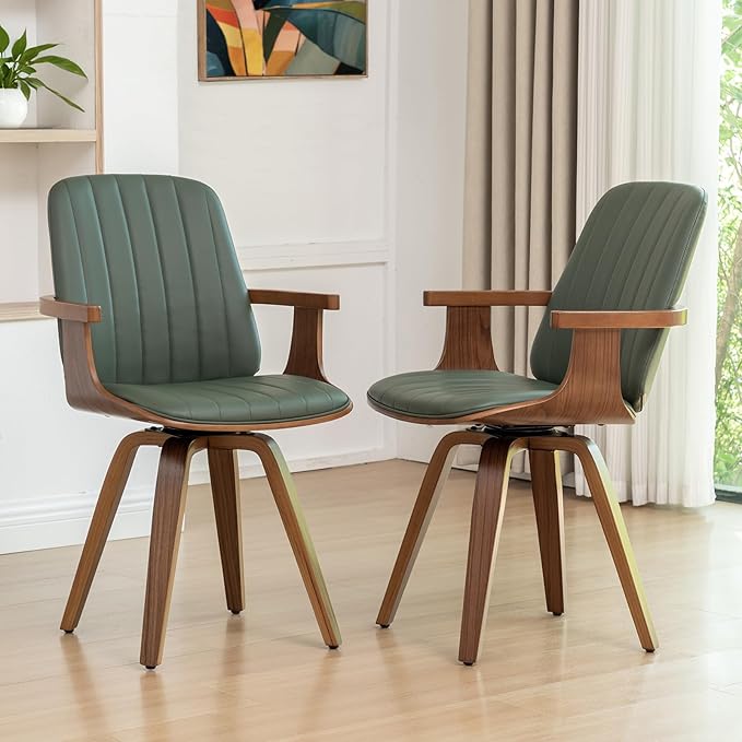 MCM Dining Chairs, Set of 4 Mid Century Modern Chairs with Walnut Craftsmanship, Upholstered Faux Leather, Wooden Arms and Legs, Faux Leather Dining Chairs for Kitchen/Living Room - Green