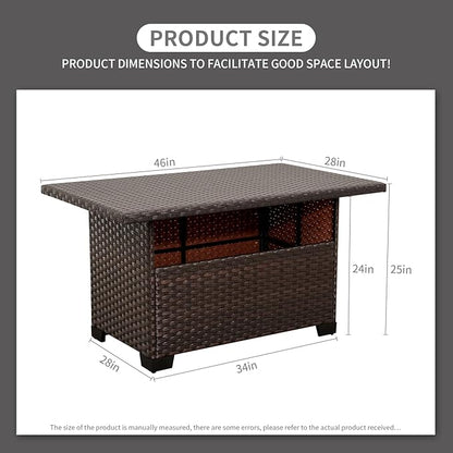 46 Inches Outdoor Coffee Table with Storage Wicker Patio Table Outdoor Dining Table with Glass Tabletop, Brown