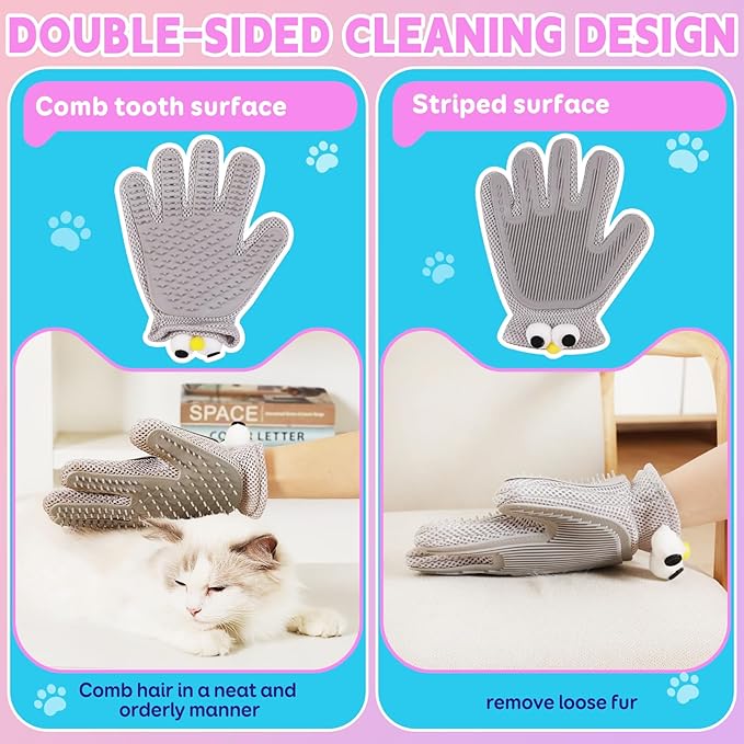 Pet Grooming Gloves Suitable for Long- and Short-Haired Dogs and Cats. Double-Sided, Two-in-One, Pet Hair Removal Gloves for Depilating and Massaging Cats and Dogs. Upgraded Five-Finger Design.