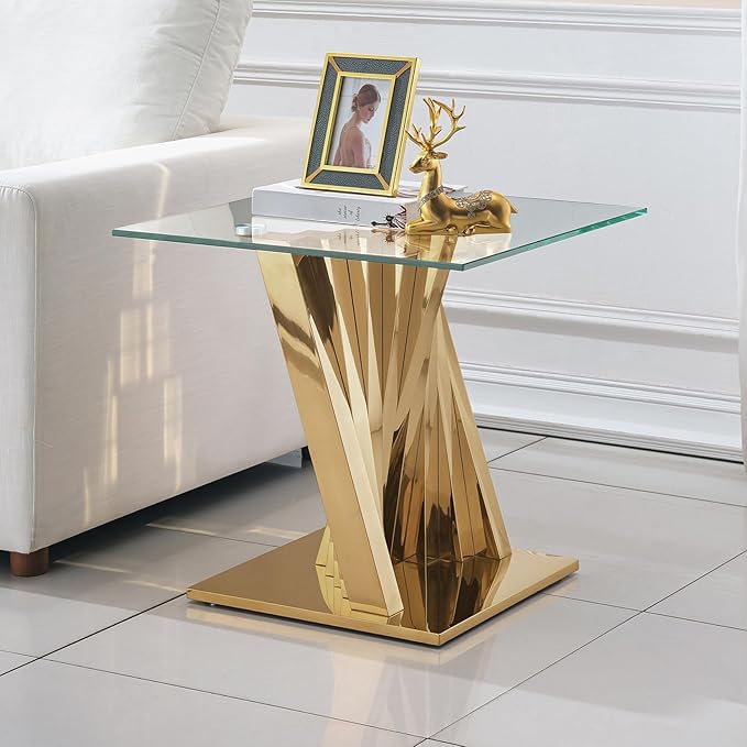 Goujxcy Modern Glass End Table Gold Sofa Side Table with Tempered Glass Top and Mirror Finish Stainless Steel Legs, Luxury Square Sofa Side Table Bedside Table for Living Room Bedroom (Gold)