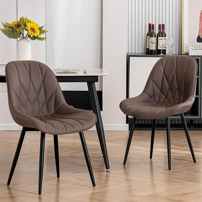 Rowill Modern Dining Chairs Set of 2 - Upholstered Faux Leather Kitchen Chairs with Soft Cushion Backrest, Sturdy Metal Legs & Non-Slip Pads, Perfectly Design for Home Dining Room, Kitchen, Brown
