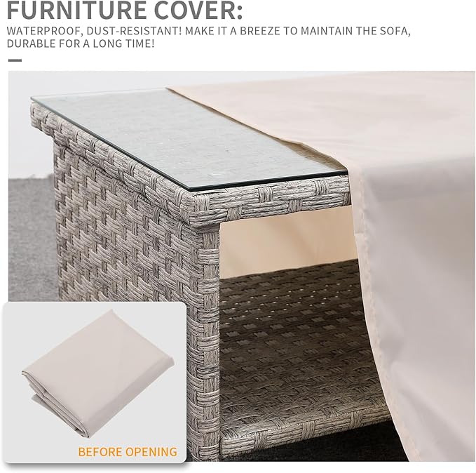 Rattaner Patio Coffee Table Outdoor Furniture Wicker Table 2-Layer Storage with Tempered Glass and Furniture Cover, Grey